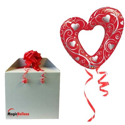 Hearts & Filigree red -  Folienballon in Paket