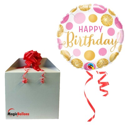 Bday Pink & Gold Dots - folija balon v paketu