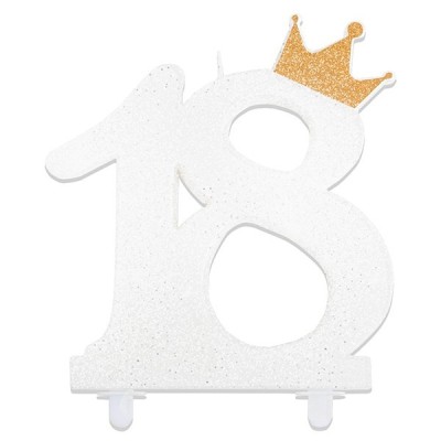 Glitter white candle 18 with crown