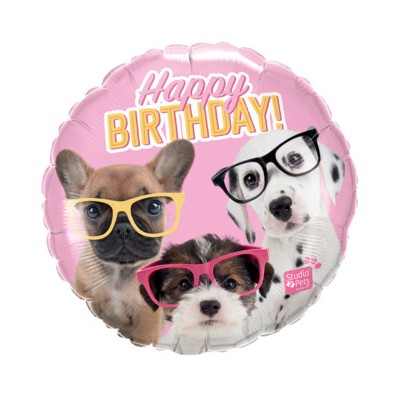 Happy Birthday Puppies with eyeglasses - foil balloon
