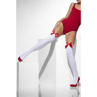 White tights with red ribbon