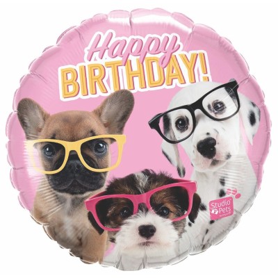 Happy Birthday Puppies with eyeglasses - foil balloon